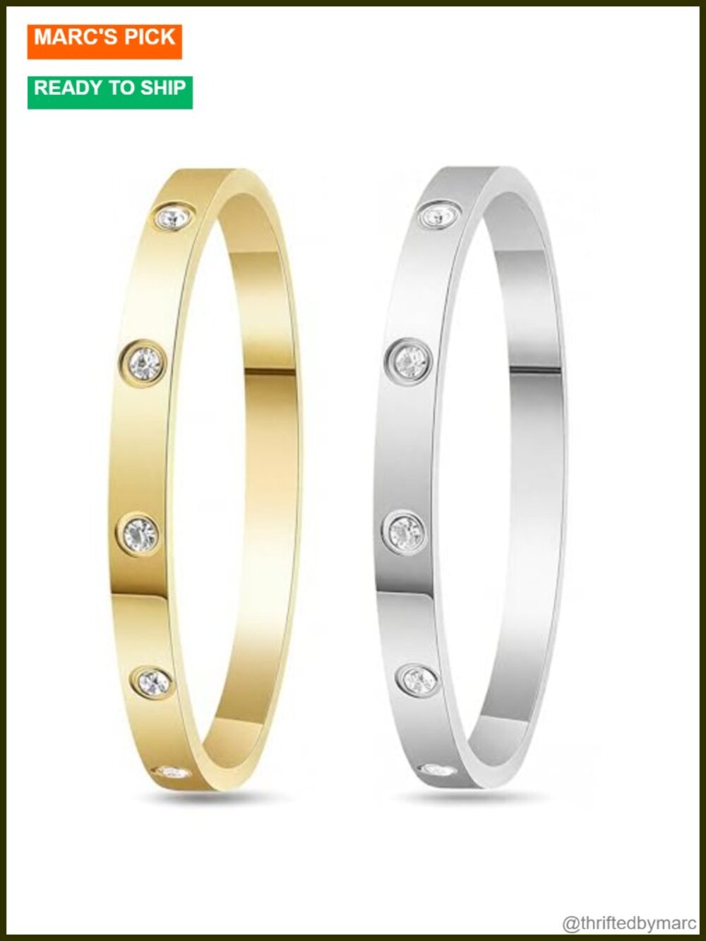 2Pc 18K Gold-Plated Stainless Steel Cubic Zirconia Bangle Bracelet Set Women